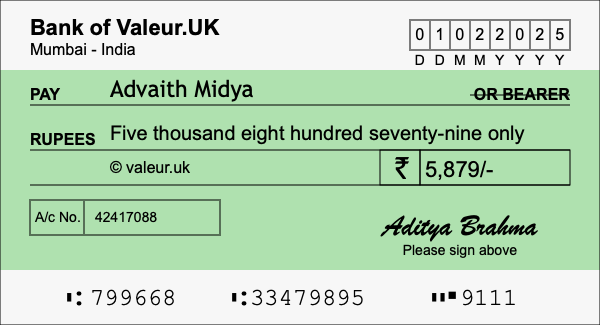 How to write a cheque for 5,879 rupees