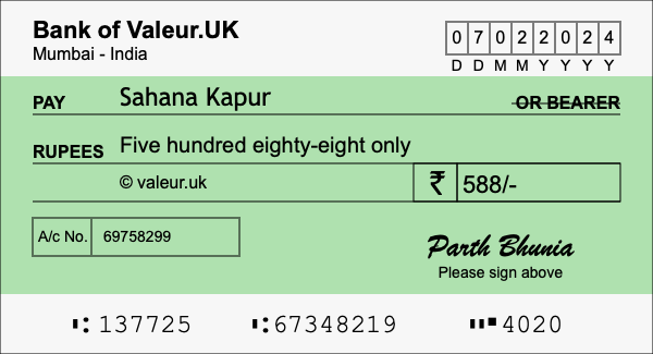 How to write a cheque for 588 rupees