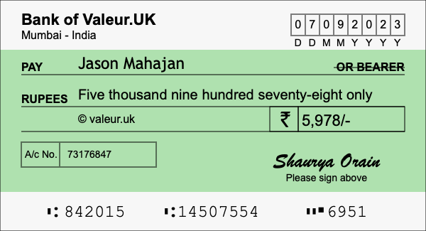 How to write a cheque for 5,978 rupees