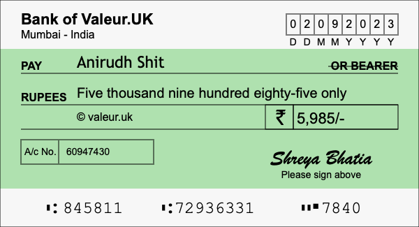 How to write a cheque for 5,985 rupees