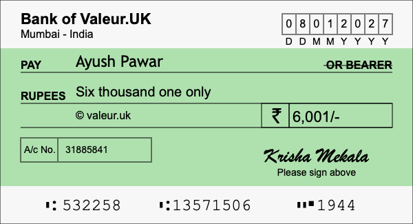 How to write a cheque for 6,001 rupees
