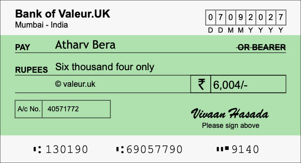 How to write a cheque for 6,004 rupees