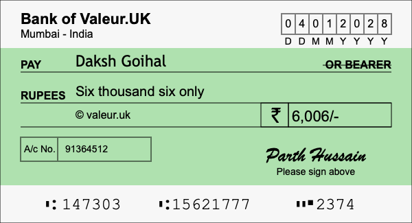 How to write a cheque for 6,006 rupees