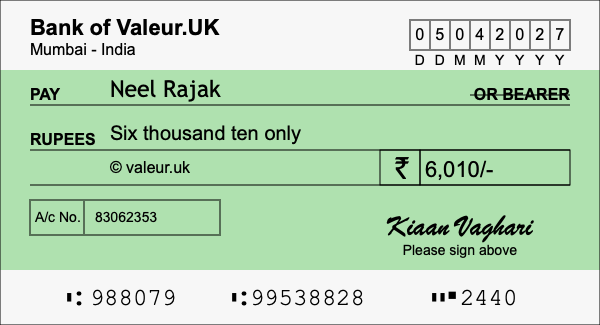 How to write a cheque for 6,010 rupees