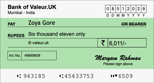 How to write a cheque for 6,011 rupees