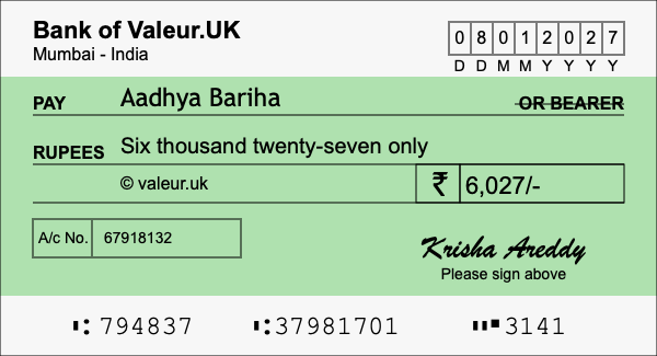 How to write a cheque for 6,027 rupees