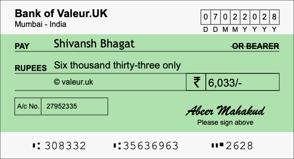 How to write a cheque for 6,033 rupees