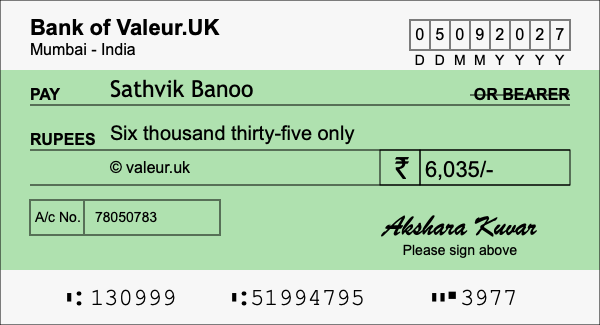 How to write a cheque for 6,035 rupees How to write a cheque for 6,035 rupees