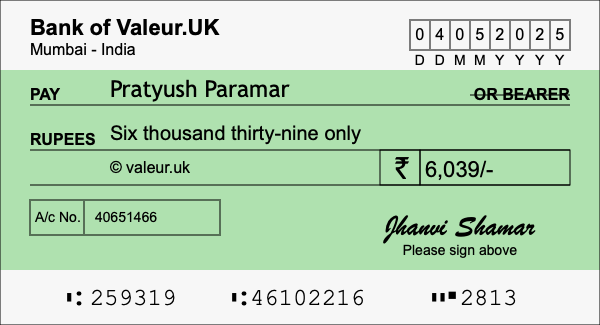 How to write a cheque for 6,039 rupees