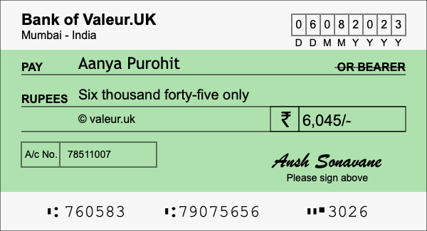 How to write a cheque for 6,045 rupees