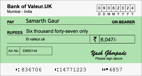 How to write a cheque for 6,047 rupees
