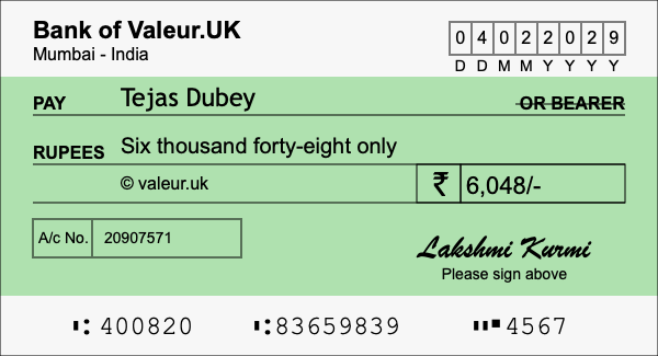 How to write a cheque for 6,048 rupees
