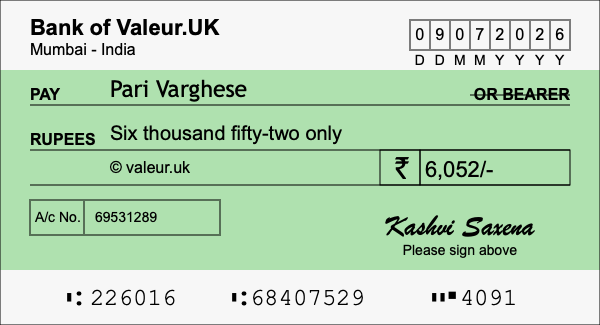 How to write a cheque for 6,052 rupees