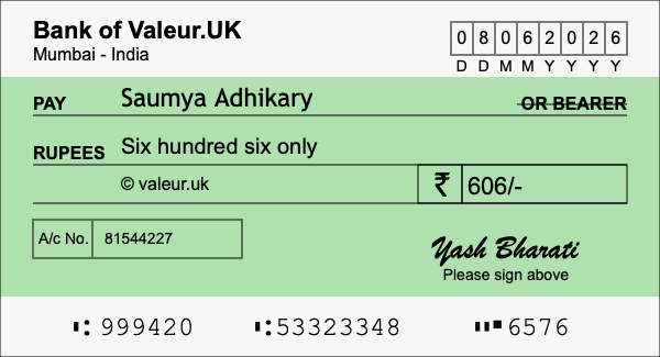 How to write a cheque for 606 rupees