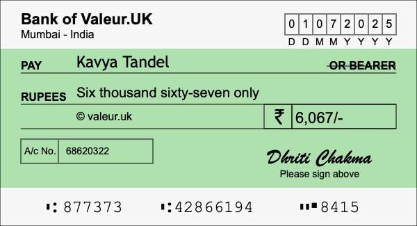 How to write a cheque for 6,067 rupees How to write a cheque for 6,067 rupees