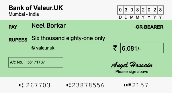How to write a cheque for 6,081 rupees