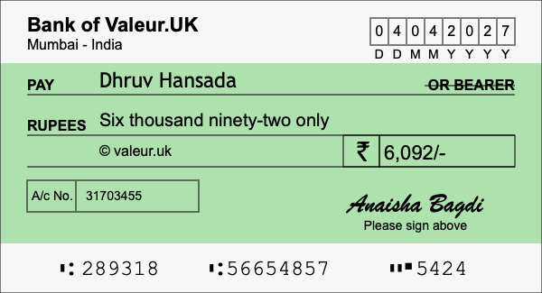 How to write a cheque for 6,092 rupees How to write a cheque for 6,092 rupees