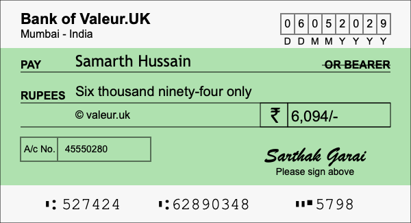 How to write a cheque for 6,094 rupees How to write a cheque for 6,094 rupees