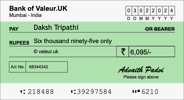 How to write a cheque for 6,095 rupees