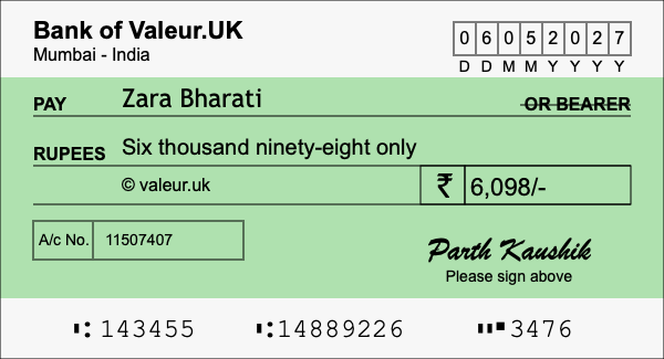 How to write a cheque for 6,098 rupees