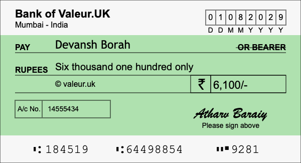 How to write a cheque for 6,100 rupees
