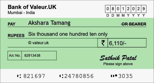 How to write a cheque for 6,110 rupees