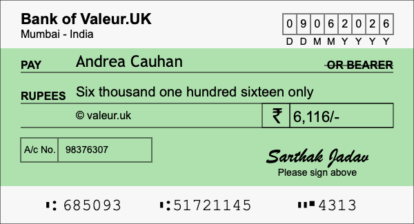 How to write a cheque for 6,116 rupees How to write a cheque for 6,116 rupees