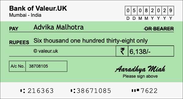 How to write a cheque for 6,138 rupees