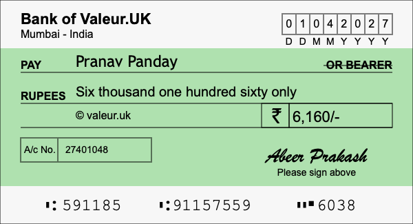 How to write a cheque for 6,160 rupees