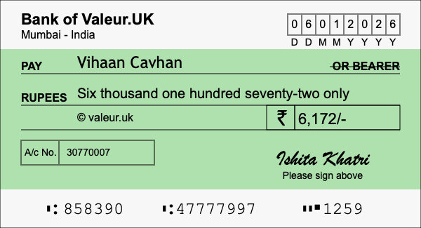 How to write a cheque for 6,172 rupees