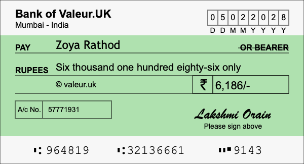 How to write a cheque for 6,186 rupees