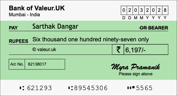 How to write a cheque for 6,197 rupees