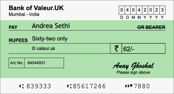 How to write a cheque for 62 rupees