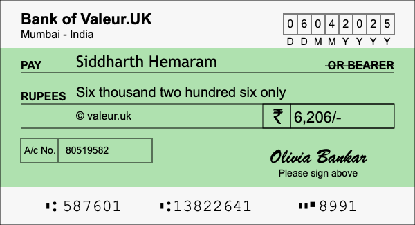 How to write a cheque for 6,206 rupees