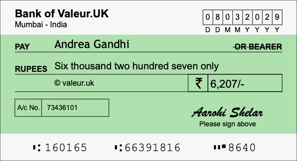 How to write a cheque for 6,207 rupees