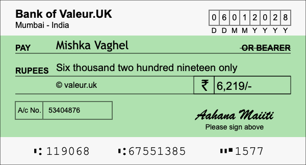 How to write a cheque for 6,219 rupees