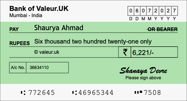 How to write a cheque for 6,221 rupees