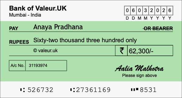 How to write a cheque for 62,300 rupees How to write a cheque for 62,300 rupees