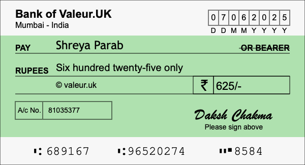 How to write a cheque for 625 rupees