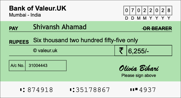 How to write a cheque for 6,255 rupees