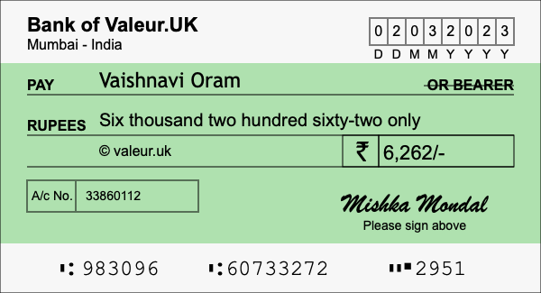 How to write a cheque for 6,262 rupees