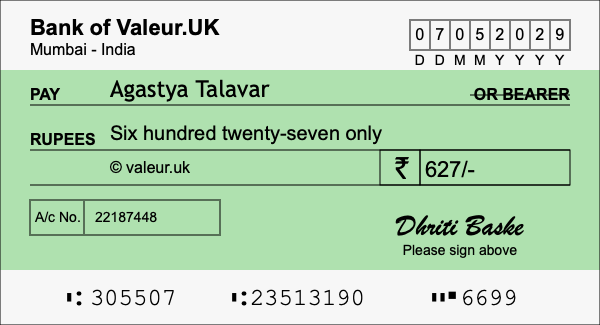 How to write a cheque for 627 rupees