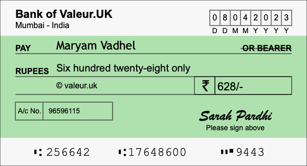 How to write a cheque for 628 rupees
