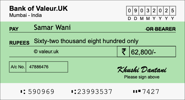 How to write a cheque for 62,800 rupees How to write a cheque for 62,800 rupees
