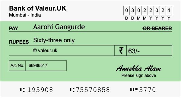 How to write a cheque for 63 rupees