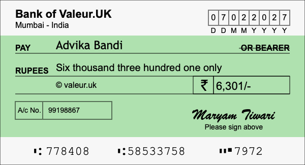 How to write a cheque for 6,301 rupees
