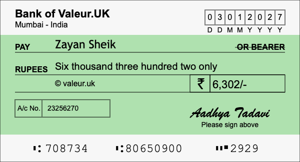 How to write a cheque for 6,302 rupees