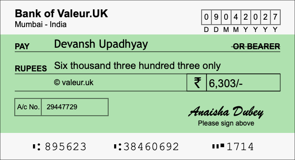 How to write a cheque for 6,303 rupees