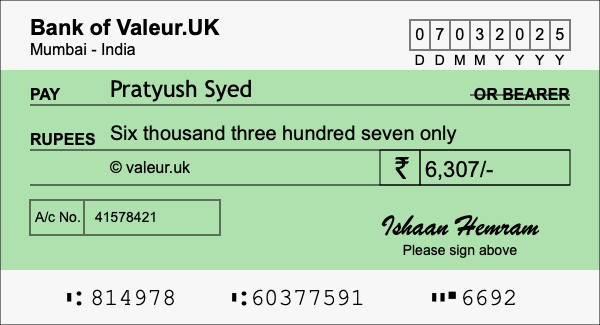 How to write a cheque for 6,307 rupees