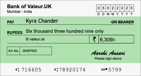 How to write a cheque for 6,309 rupees
